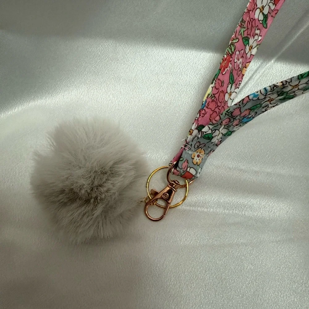 Handmade Kitty and Floral Wristlet Keychain with Gray Pompom